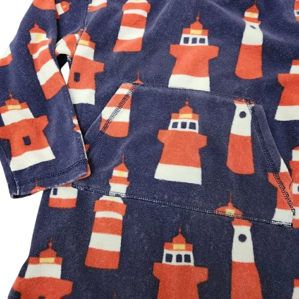 Mini Boden Kids Toweling Hooded Swim Coverup Terry Blue Lighthouse Print 9-10 Yr